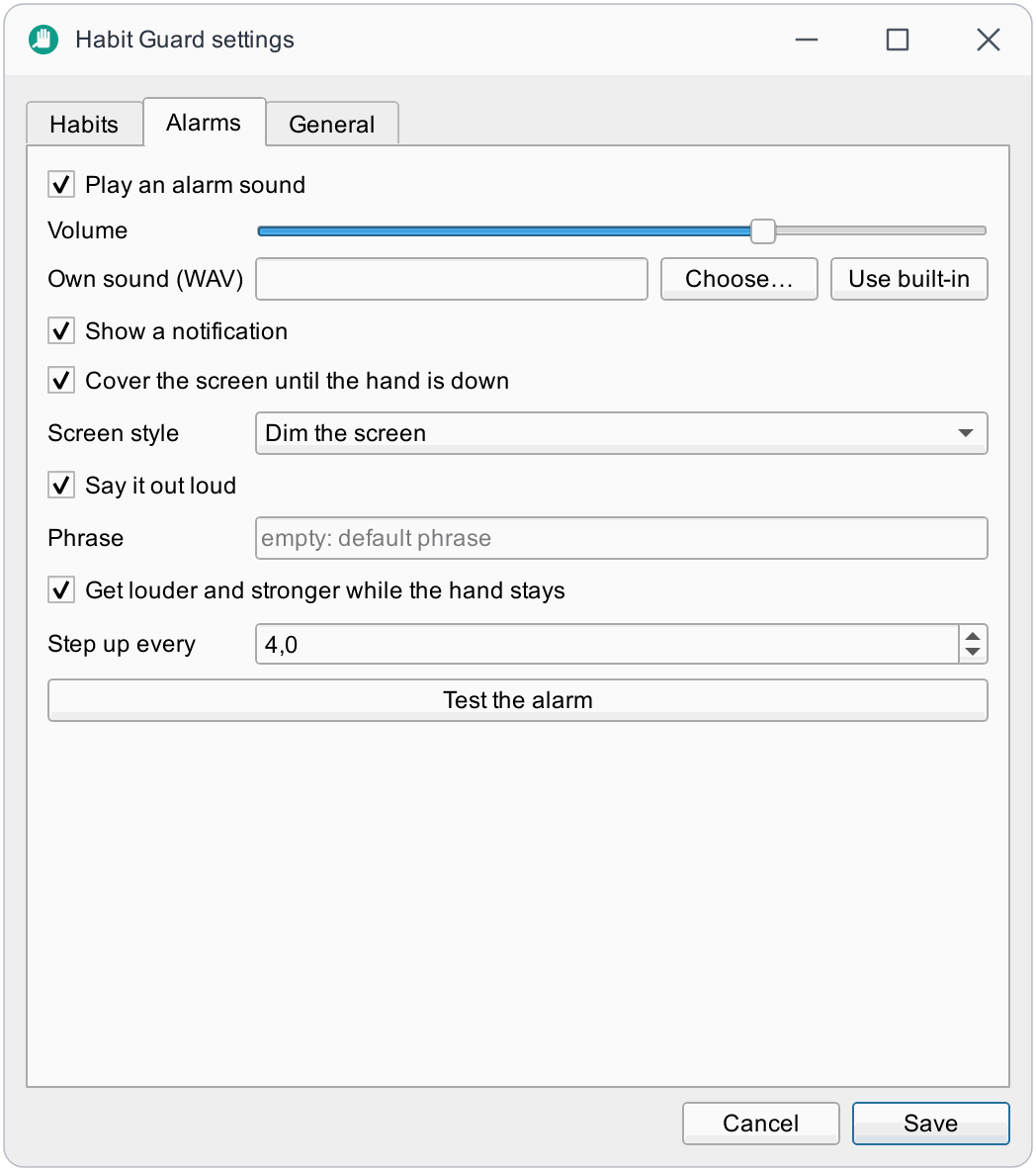 Settings, Alarms tab
