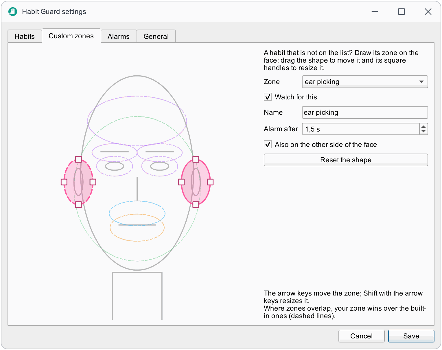 Settings, Custom zones tab: a drawing of a face with a zone on each ear, and the name, dwell time and mirror option of the zone