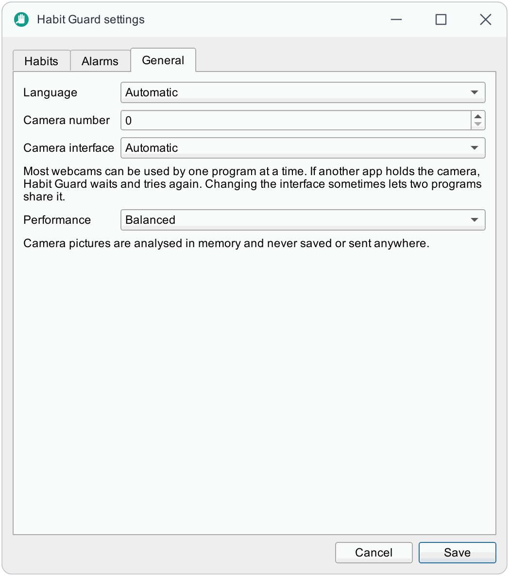 Settings, General tab