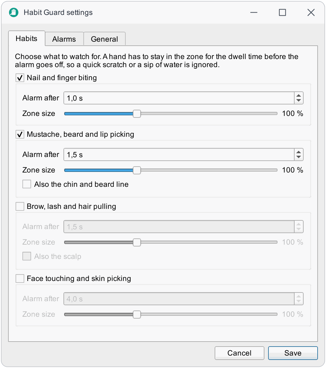 Settings, Habits tab