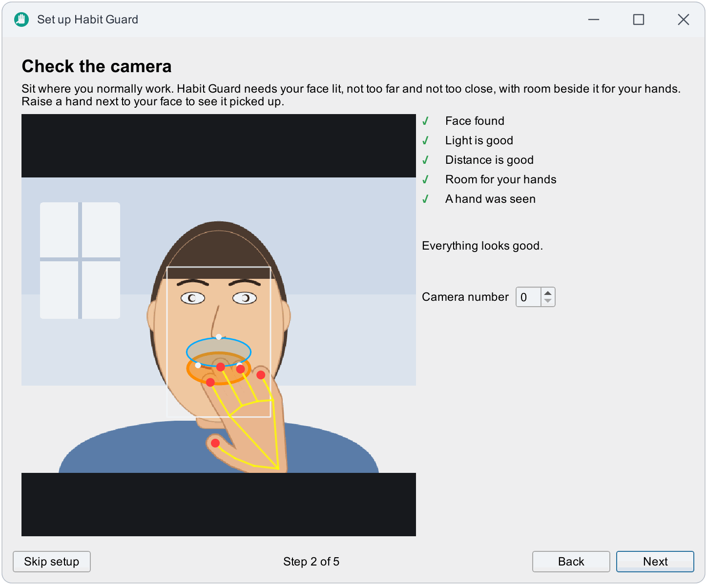 The setup wizard on the camera page: the live picture with the zones, and a checklist of face found, light, distance, room for the hands and a hand seen