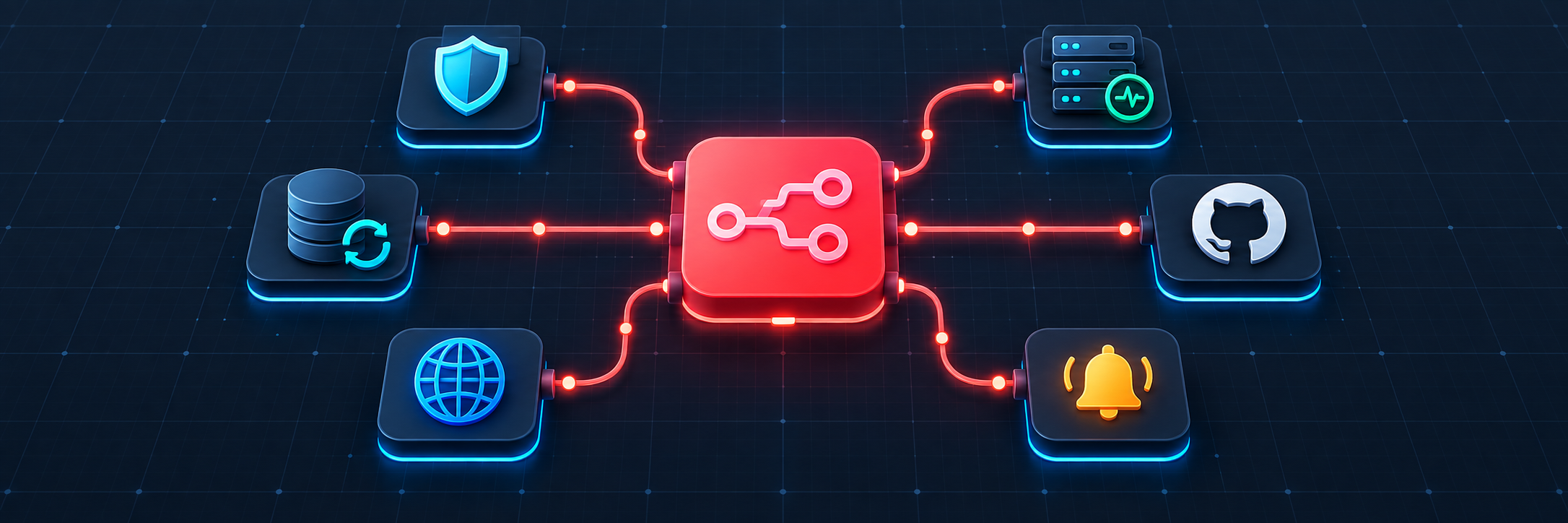 Production n8n workflows connecting security, monitoring, backups, GitHub, domains, and alerts