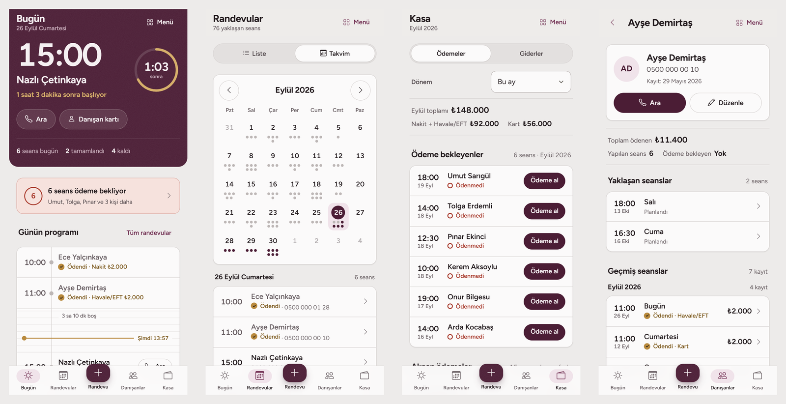 Telefon ekranları: Bugün ekranında sıradaki seans ve günün programı, aylık takvim, Kasa'da ödeme bekleyenler ve danışan kartı