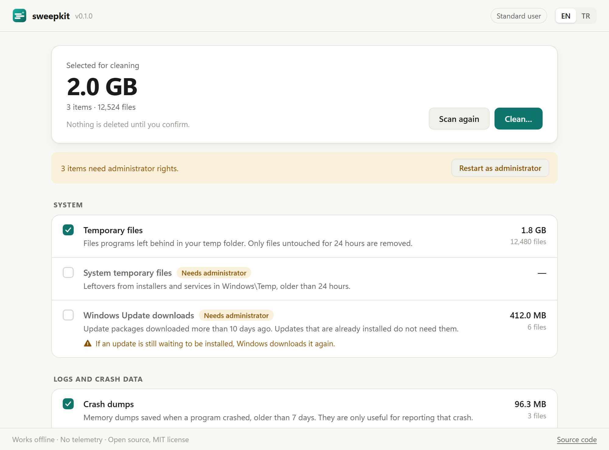 The sweepkit window listing temporary files, crash dumps and caches with their sizes