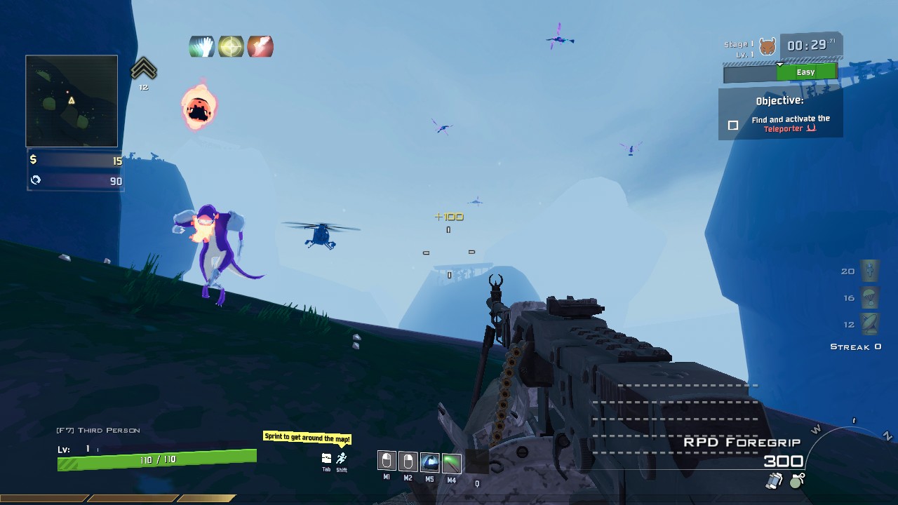 A run with the mod: MW2's minimap, rank, killstreaks, ammo and compass alongside RoR2's health bar, skills and objective