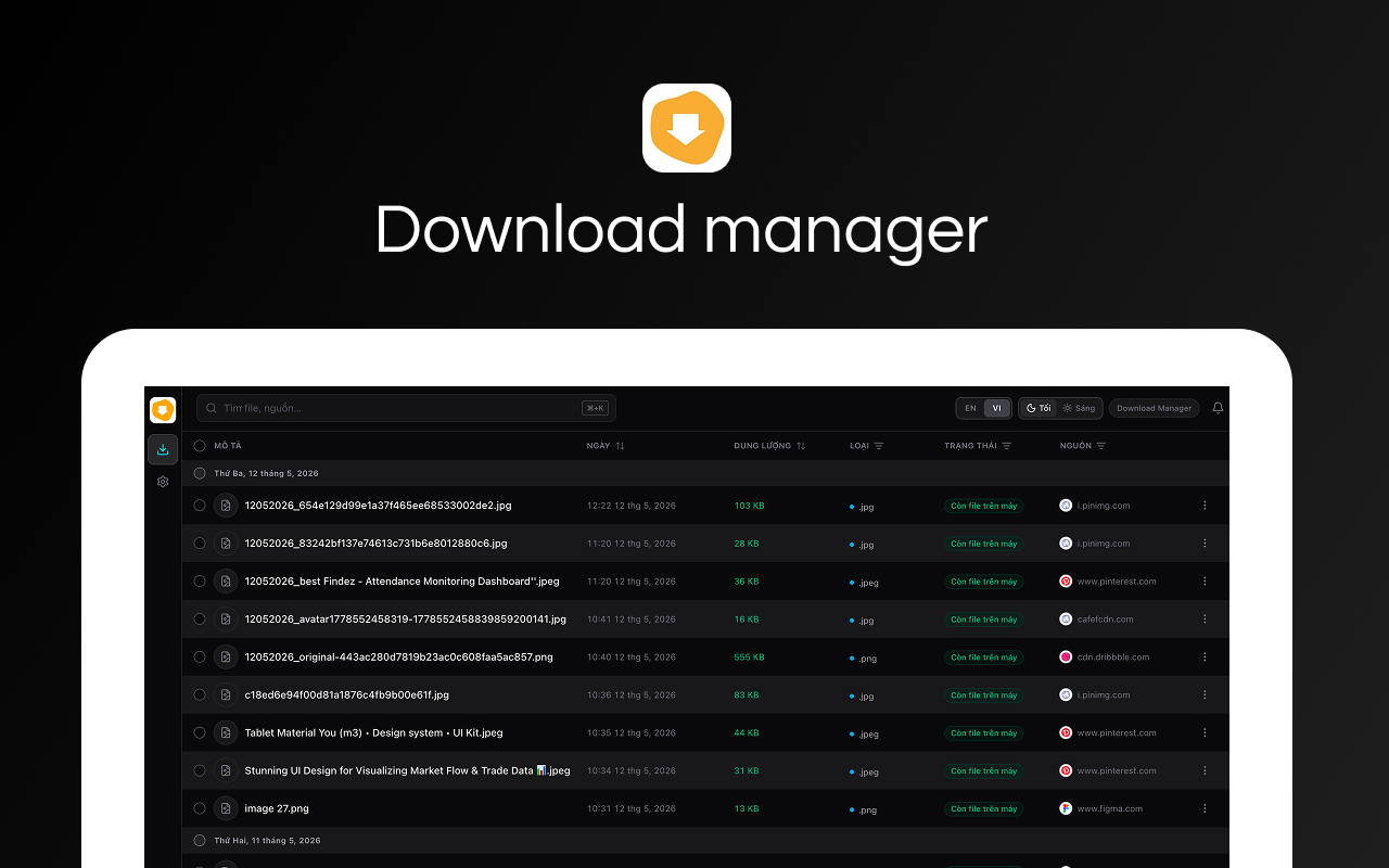 Download Manager — full table view