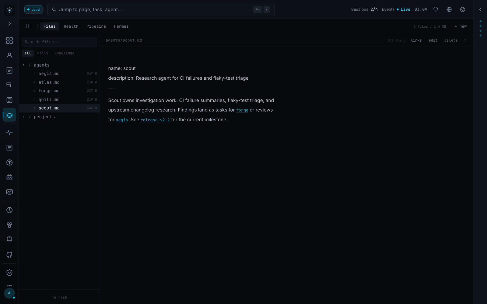 Mission Control memory browser rendering a markdown agent note with wiki-style links between memory files