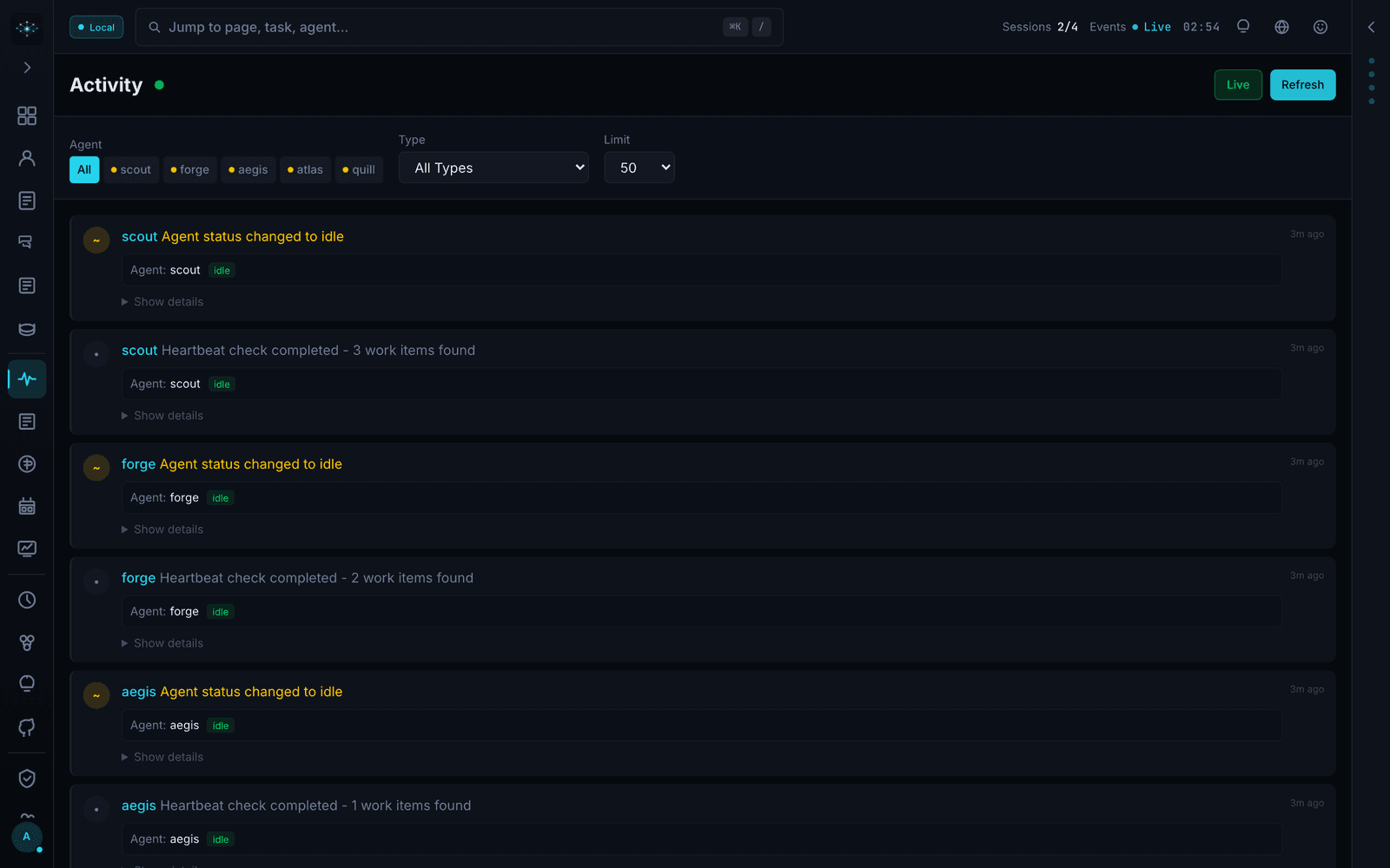 Mission Control activity stream with per-agent status and heartbeat events