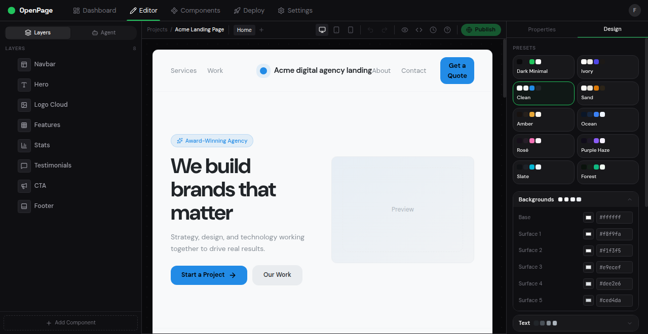 OpenPage open-source website builder showing the visual drag-and-drop editor with block layers, live canvas preview, 10 theme presets, and JSON config panel
