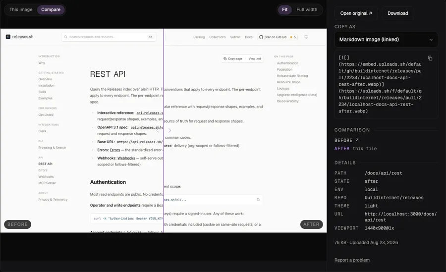The uploads.sh file page in Compare mode: a REST API docs screenshot with a purple divider down the middle, Before on the left and After on the right.