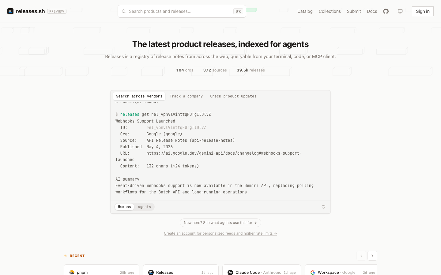 releases.sh — the latest product releases, indexed for agents
