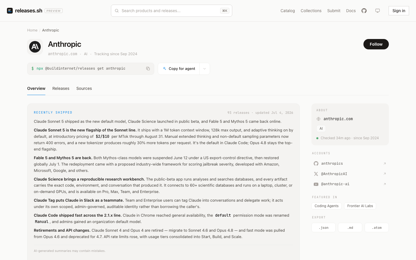 An organization page: AI-maintained overview of recent releases, source list, and JSON/Markdown/Atom export