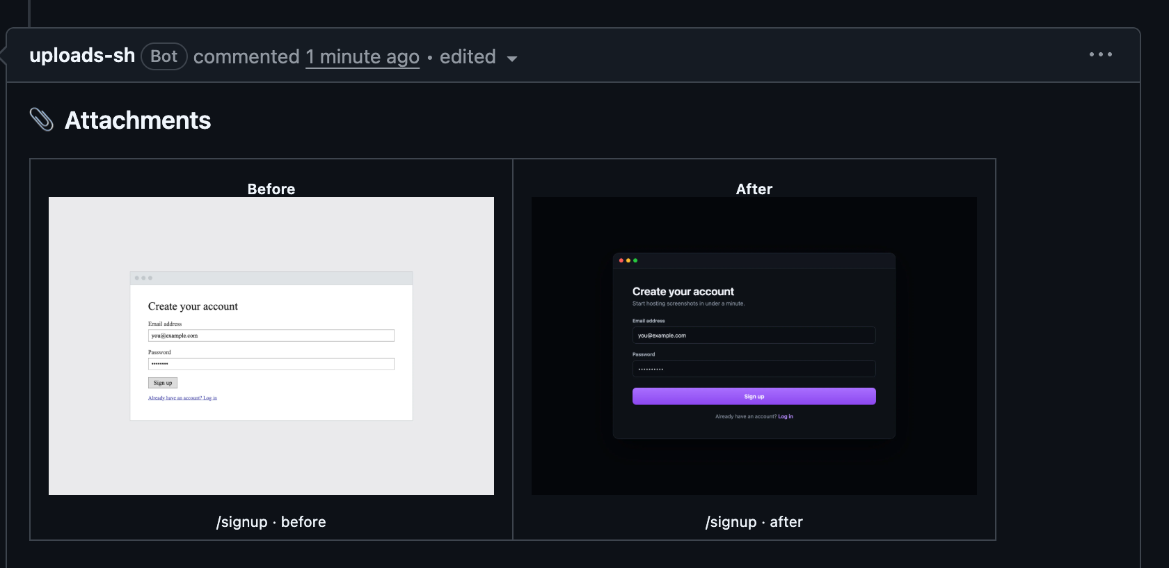 The managed attachments comment on a pull request, with a before/after pair rendered side by side under Before and After headings