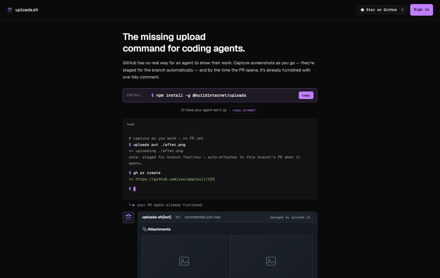 uploads.sh — the missing upload command for coding agents