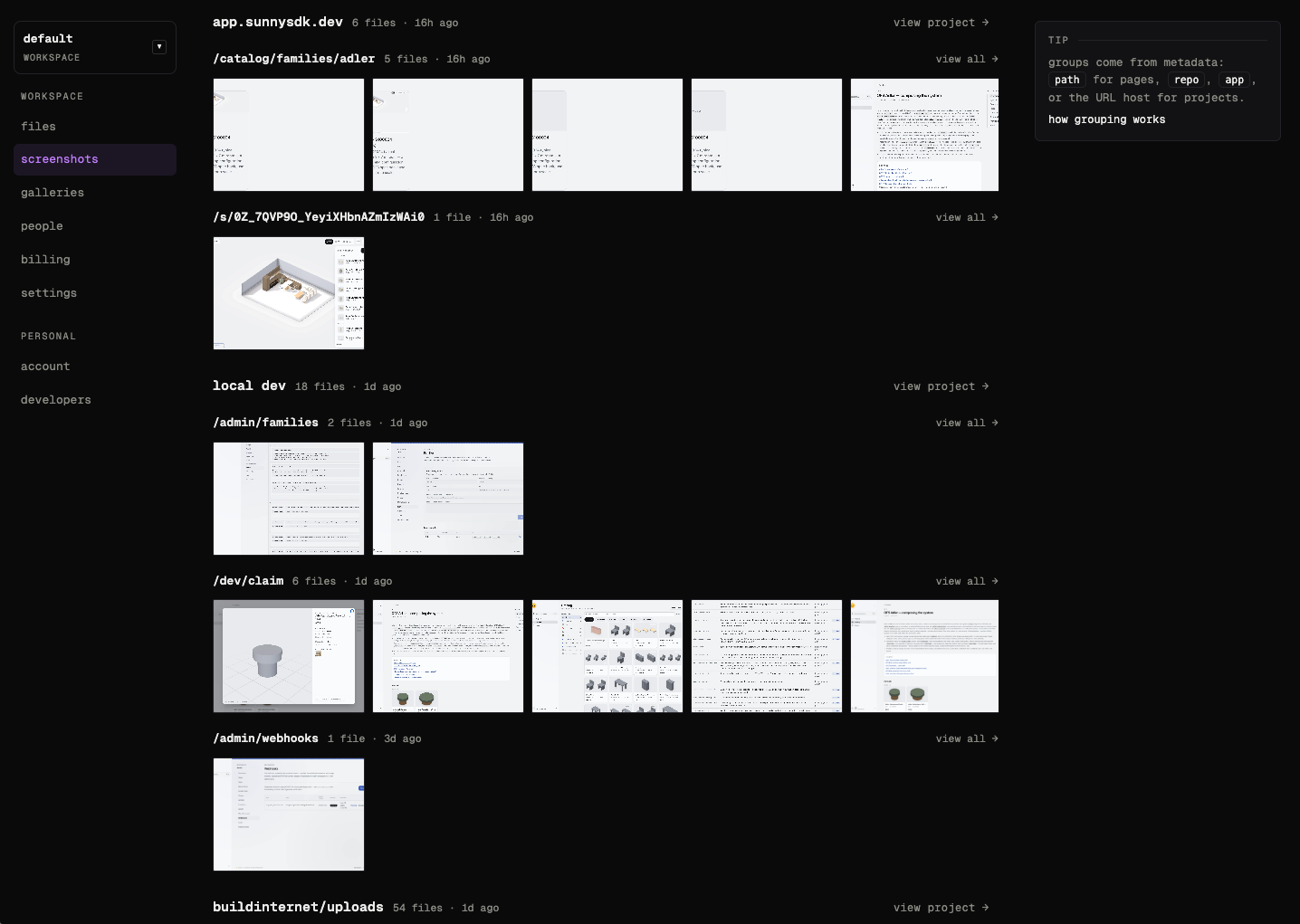 The screenshots view in a workspace, with uploads grouped into collapsible sections by project and path