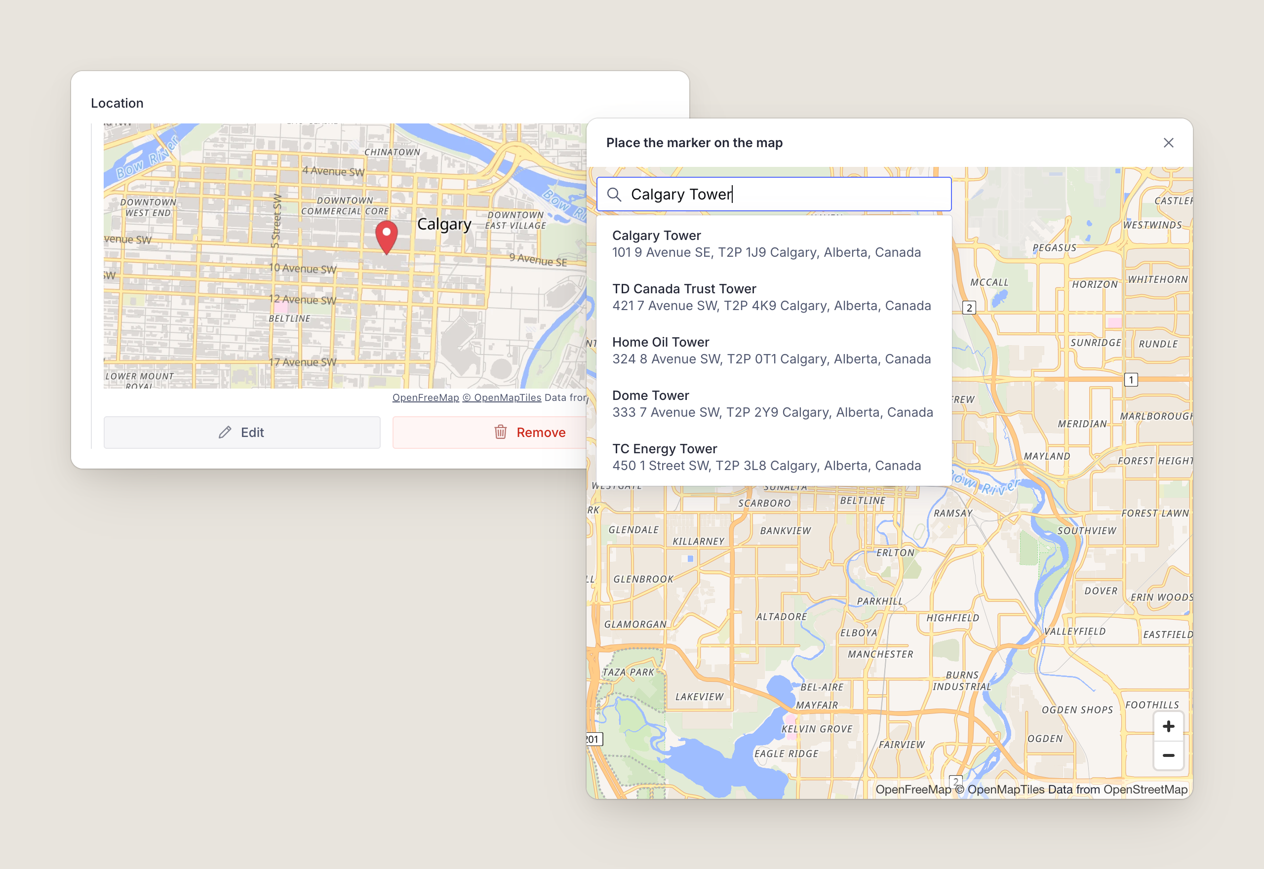 A geopoint field with a map preview of downtown Calgary, and in front of it the edit dialog with the search box listing Calgary Tower and other results