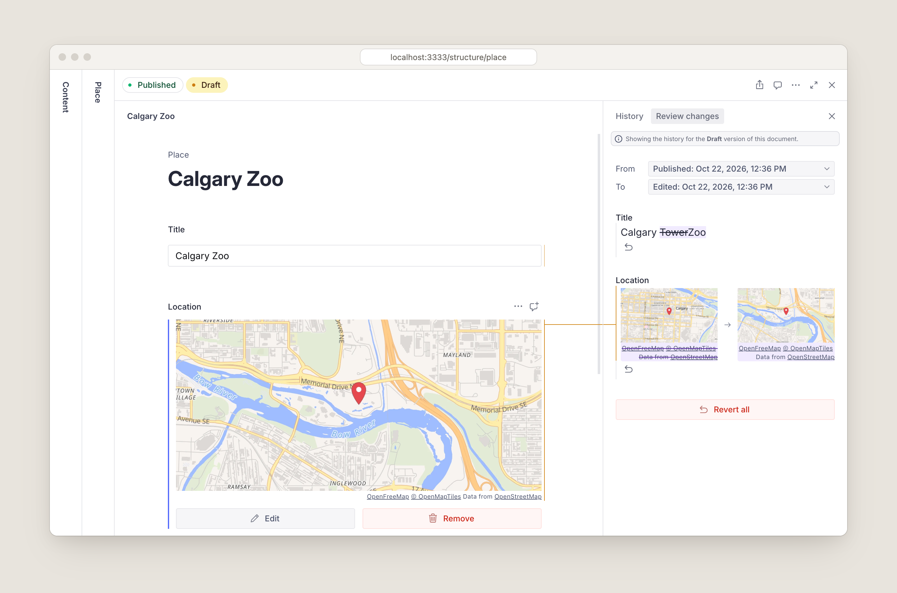 A Sanity Studio document with a map preview of the Calgary Zoo in its Location field, and the Review changes panel showing before and after maps