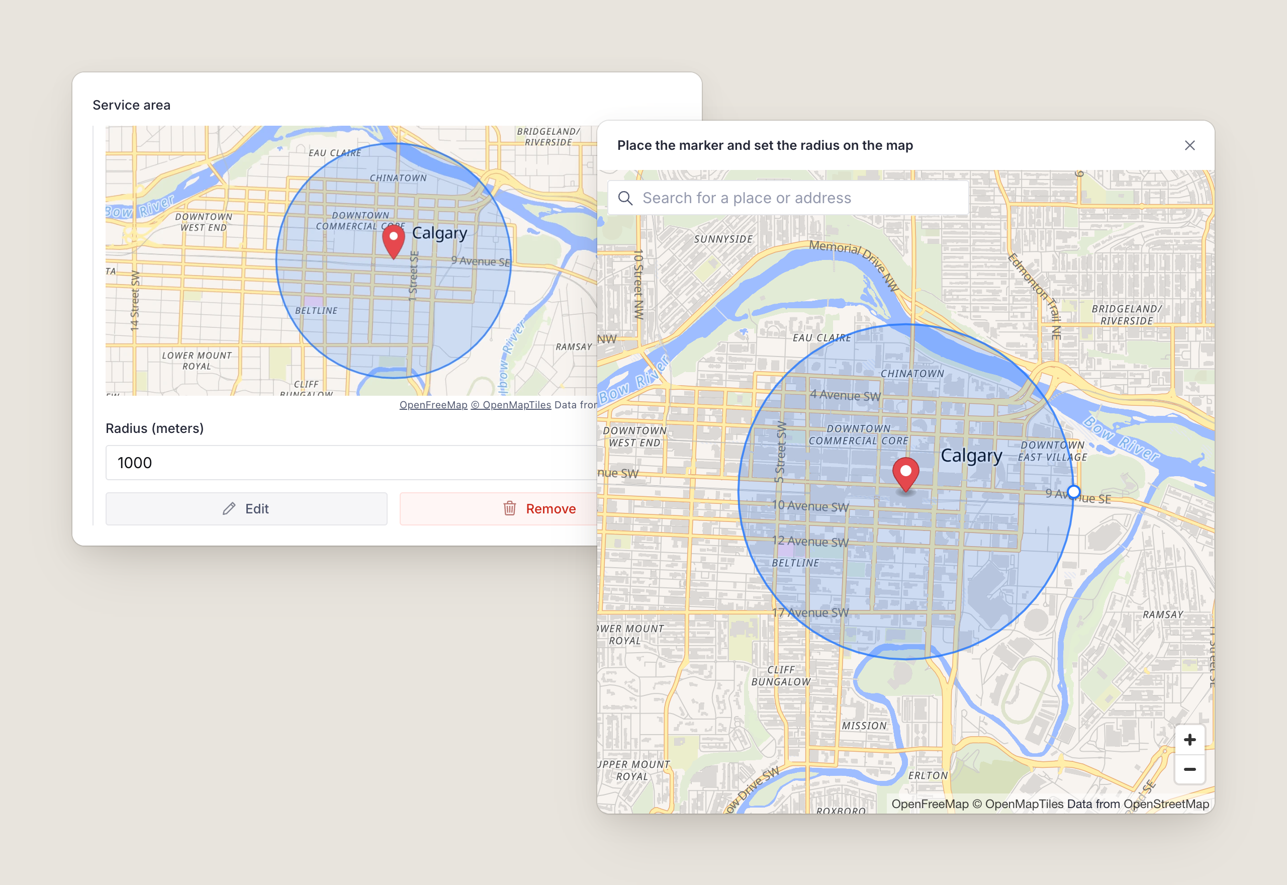A geopointRadius field with a 1000 meter circle around Calgary Tower, and in front of it the edit dialog with the circle and a handle on its edge for dragging the radius