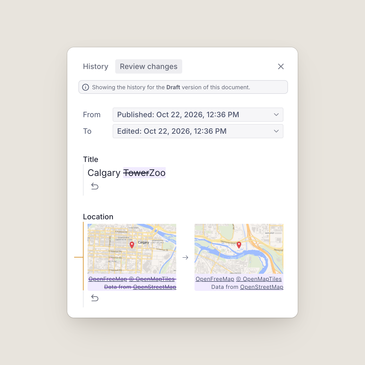 The Review changes panel: the title changed from Calgary Tower to Calgary Zoo, and the location shows a map before and after the change