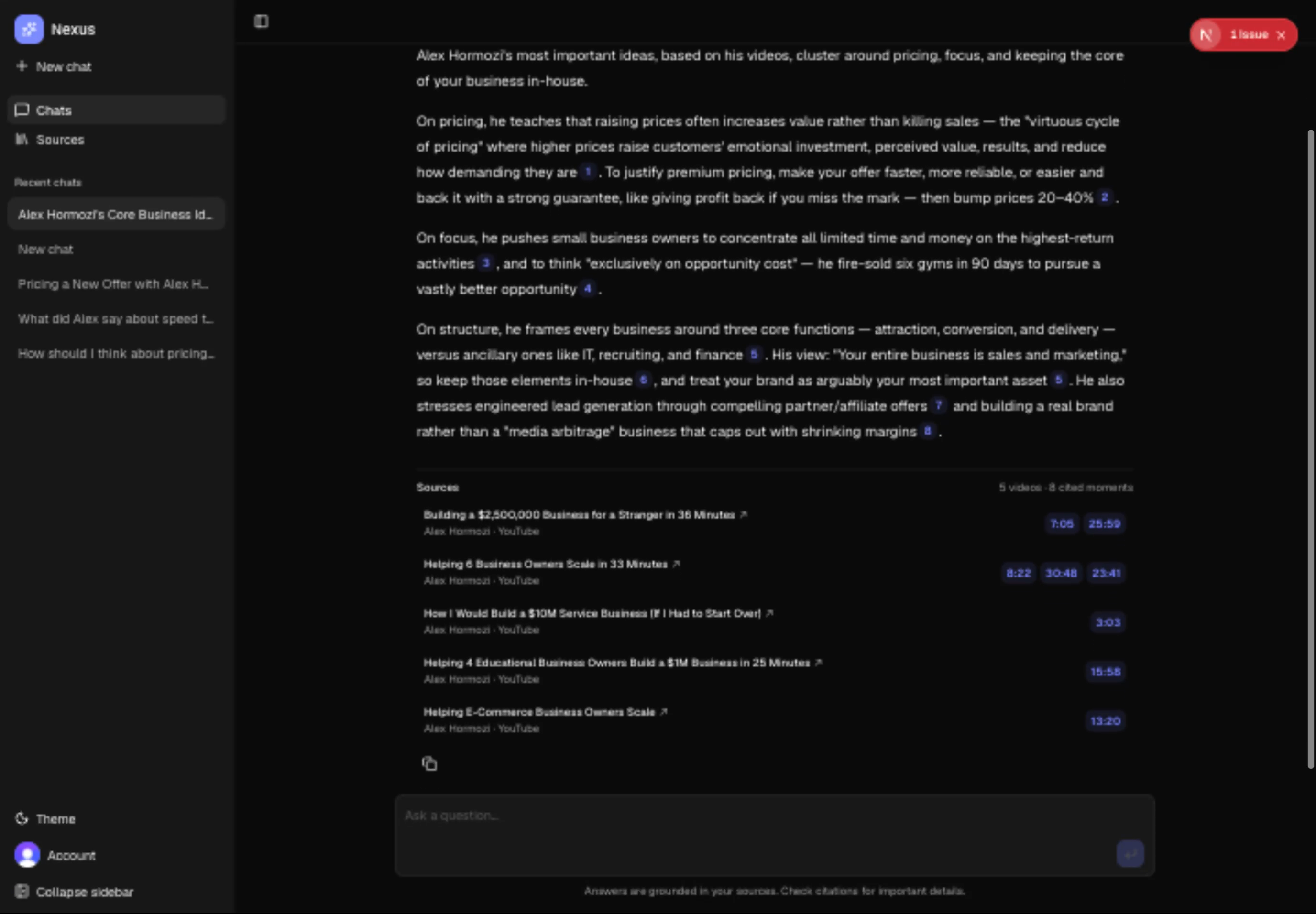 Nexus answering a creator-catalog question with timestamped citations
