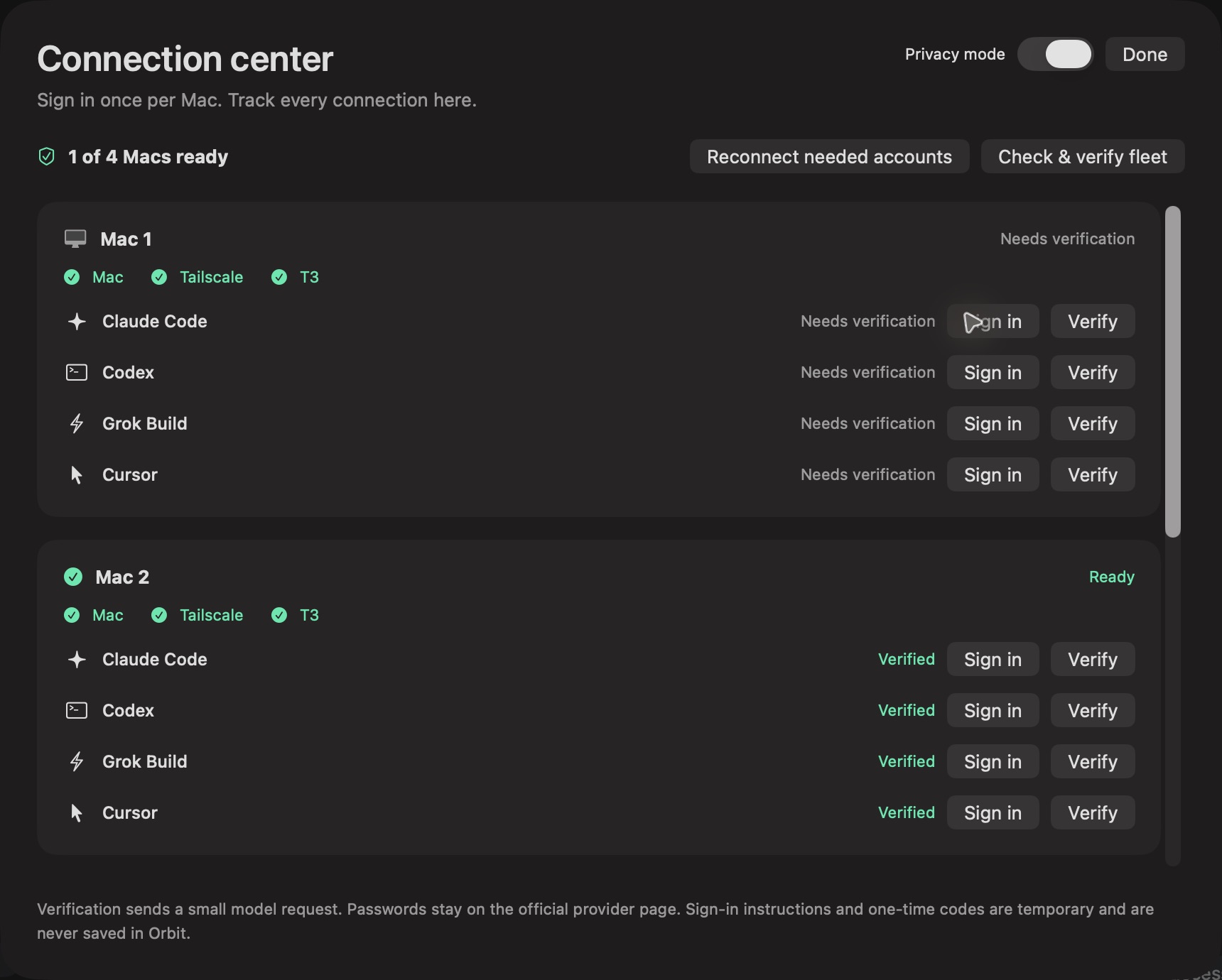 Connection center with Privacy mode enabled