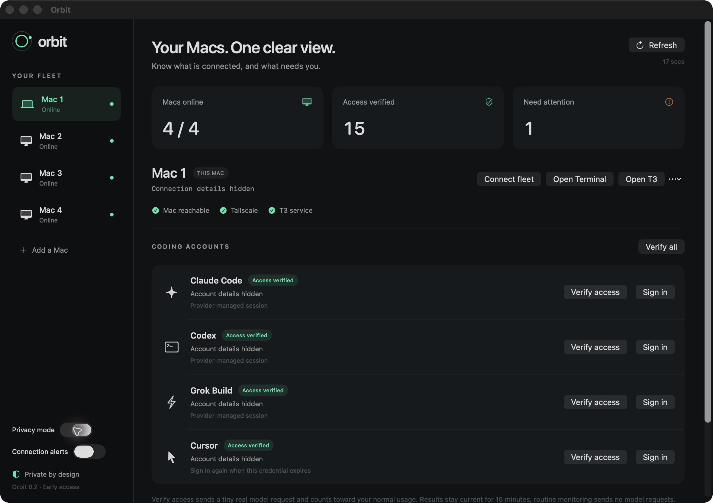 Fleet dashboard with Privacy mode enabled