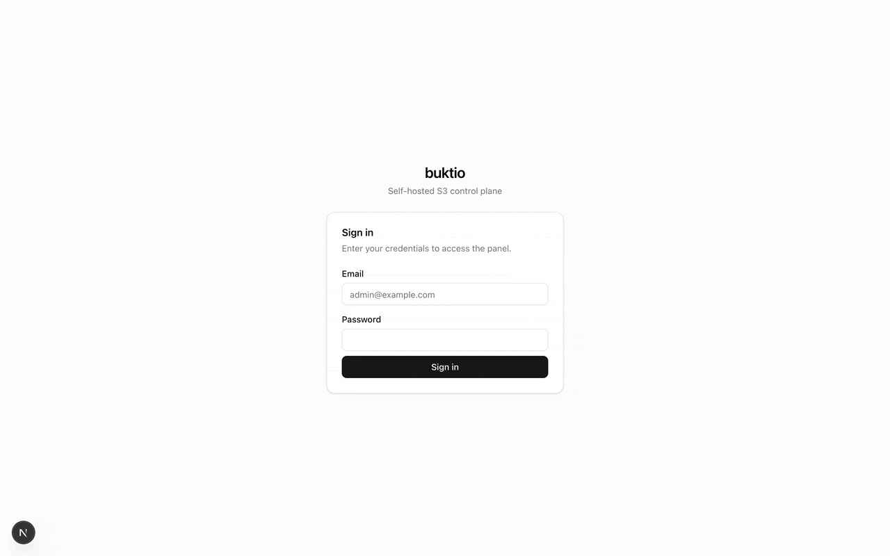 buktio panel walkthrough: dashboard, buckets, and the object browser