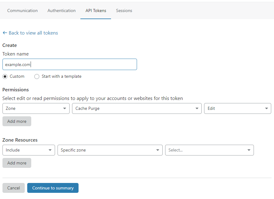 screenshot of Cloudflare page to create a new token