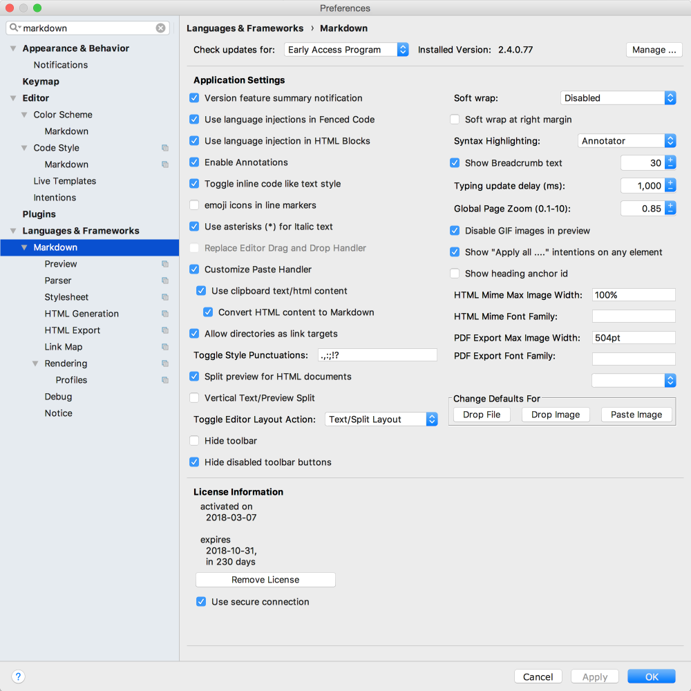 Screen Shot Settings Markdown