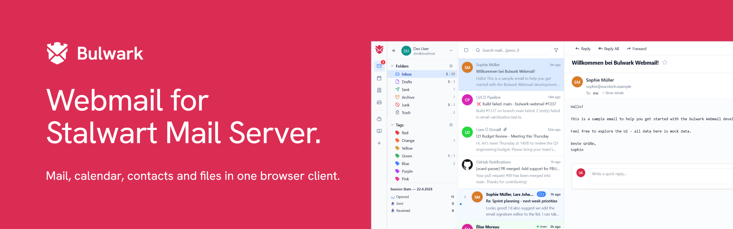 Bulwark: webmail for Stalwart Mail Server. Mail, calendar, contacts and files in one browser client.