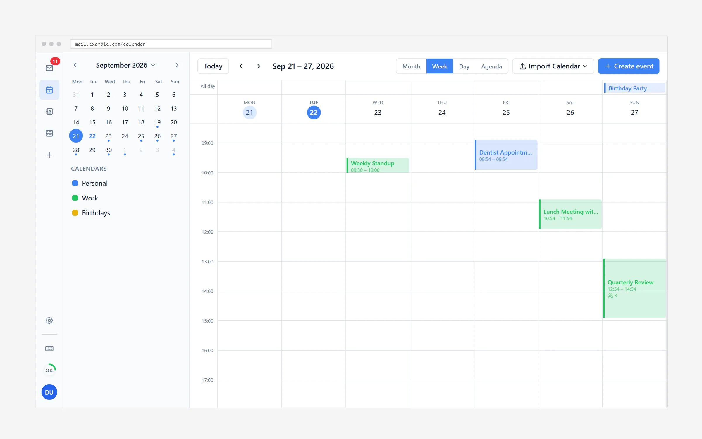 Calendar week view with events from several calendars