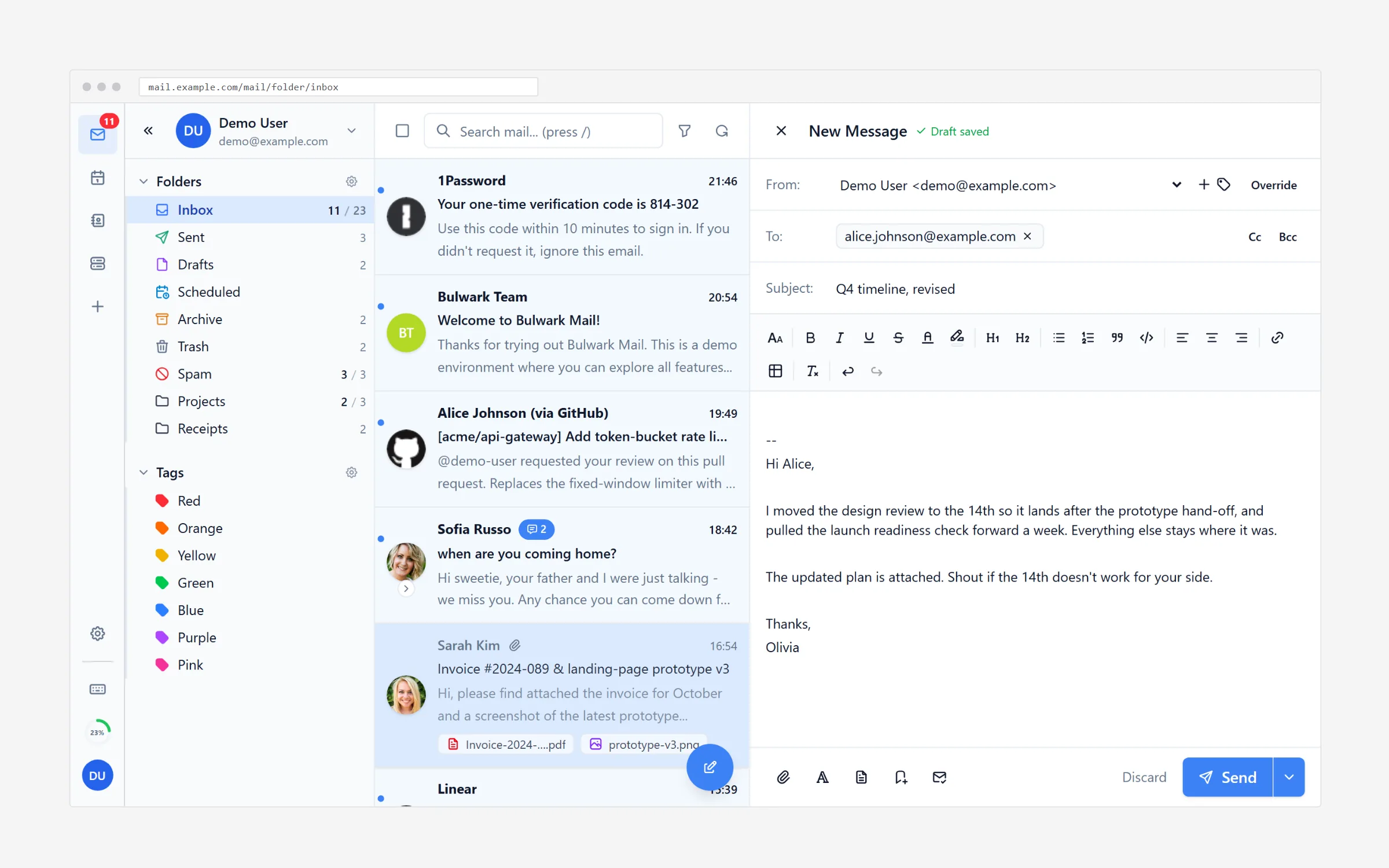 Rich-text composer next to the message list