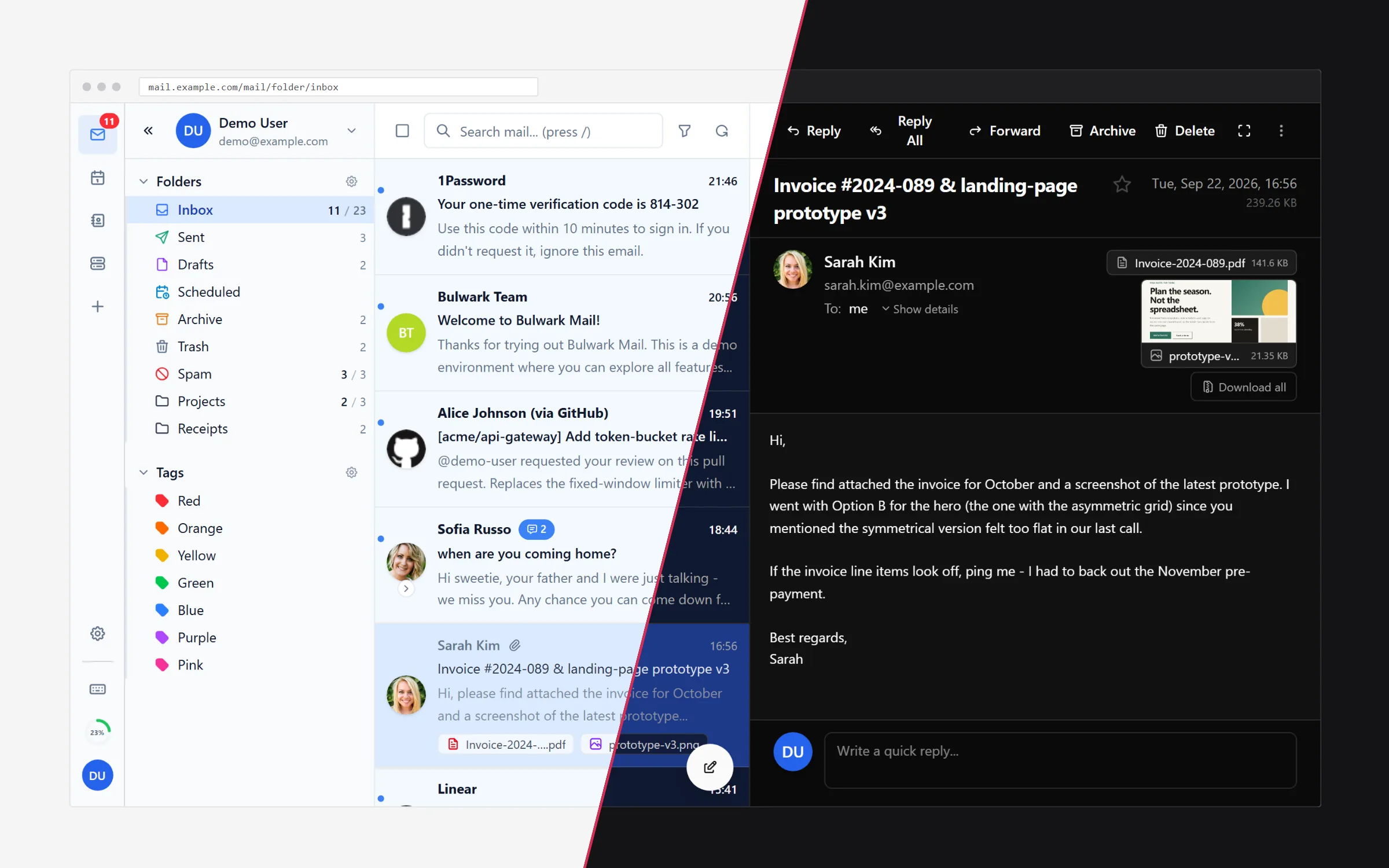 The inbox split diagonally between the light and dark theme