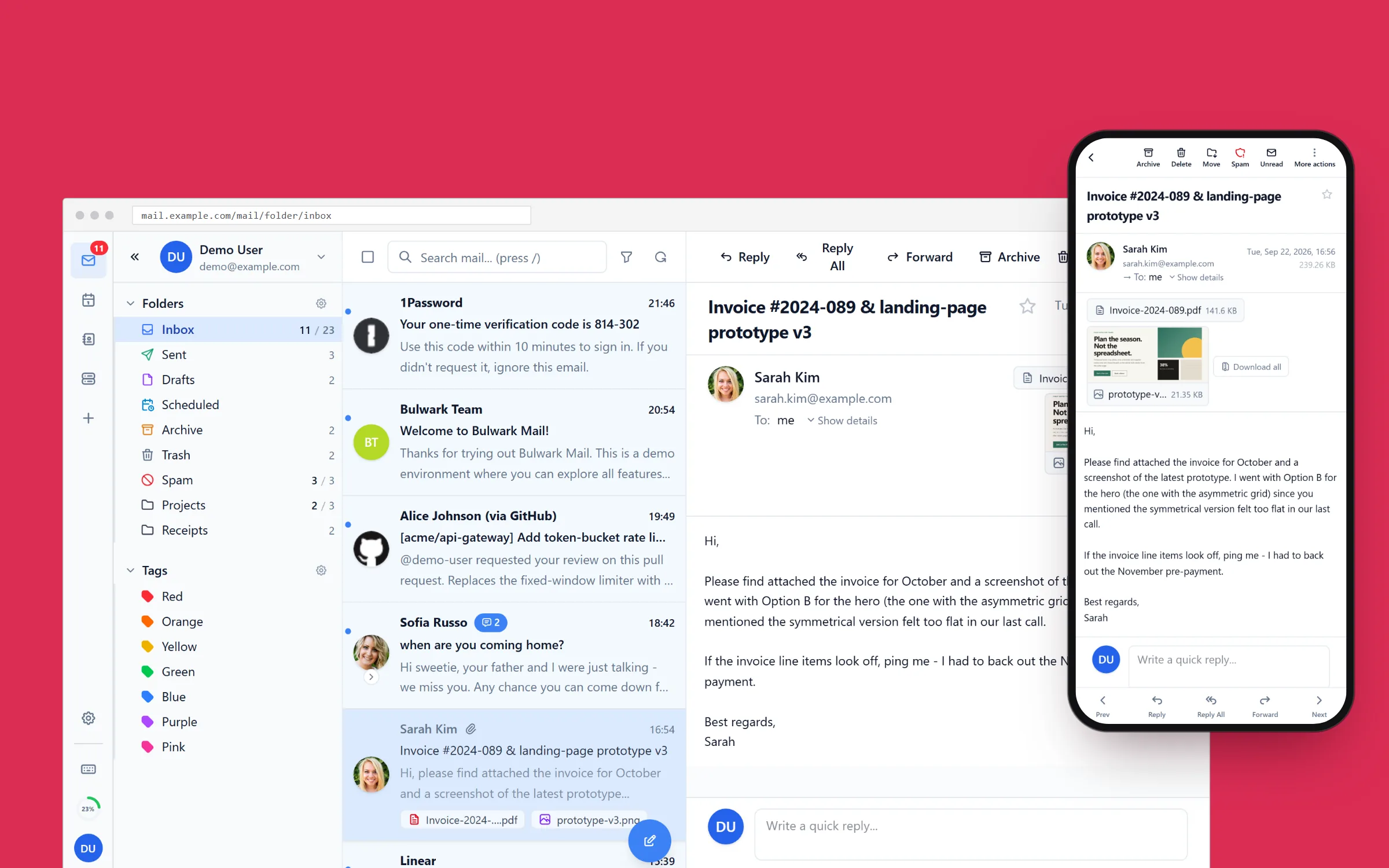 Bulwark inbox on a laptop, with the same message open on a phone