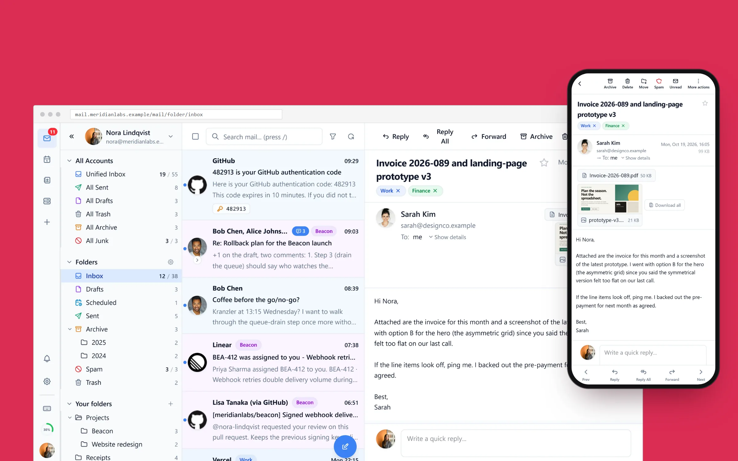 Bulwark inbox on a laptop, with the same message open on a phone
