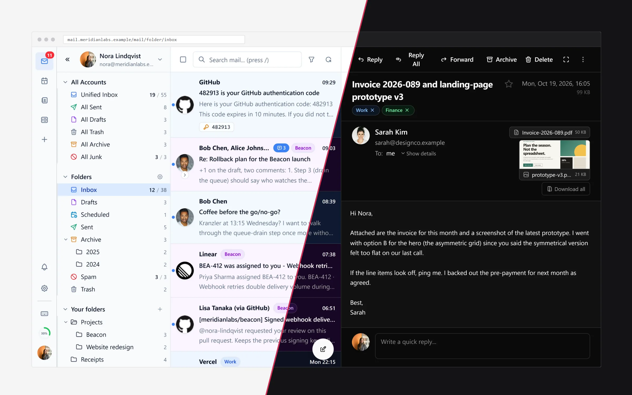 The inbox split diagonally between the light and dark theme