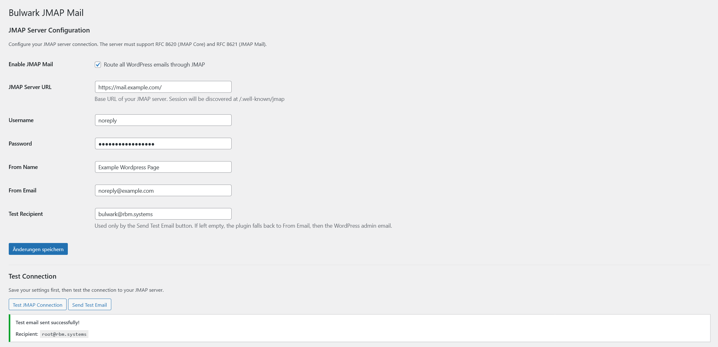 Settings page with JMAP server configuration and test connection tools