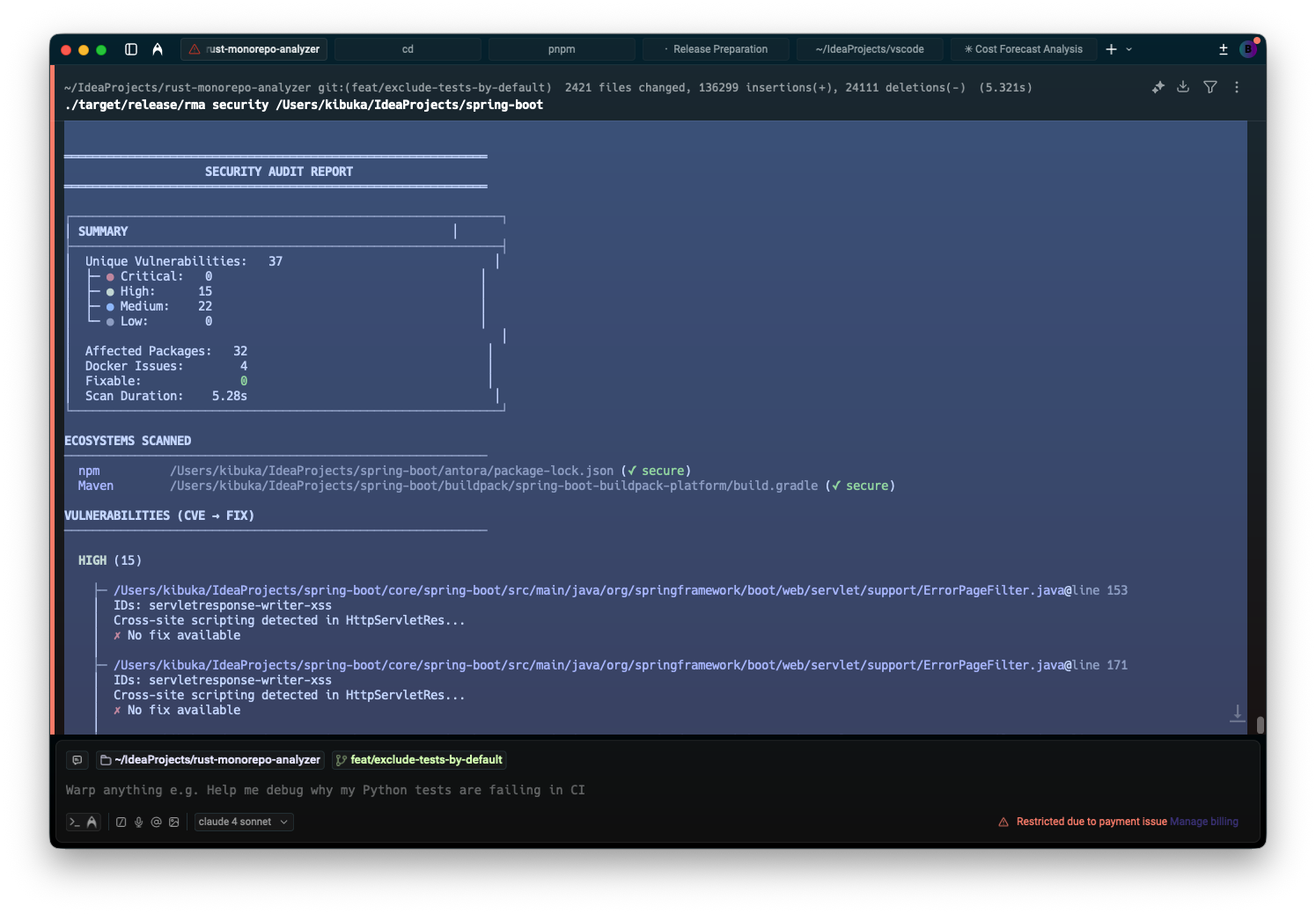 Interactive TUI showing findings