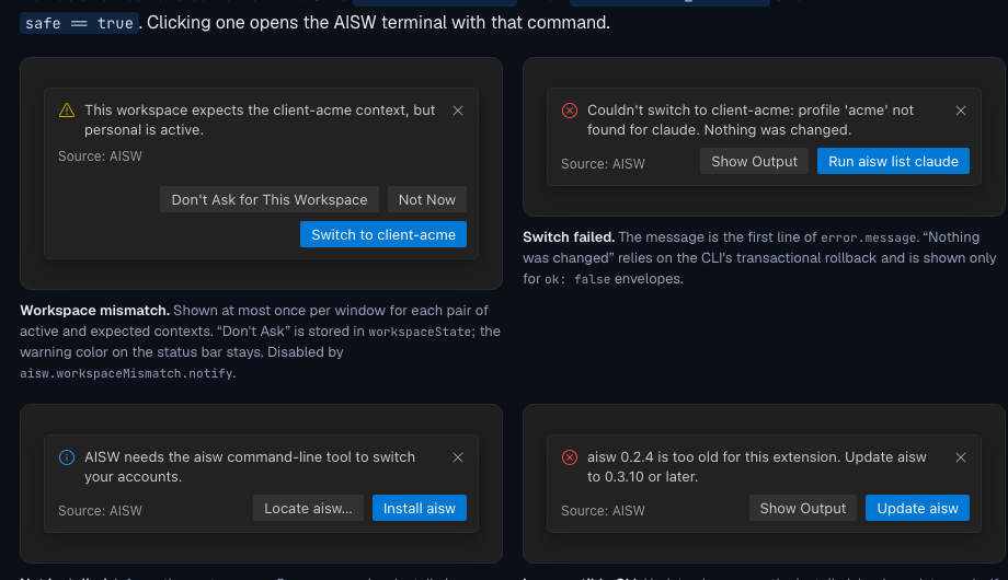 Actionable workspace, setup, and switch notifications