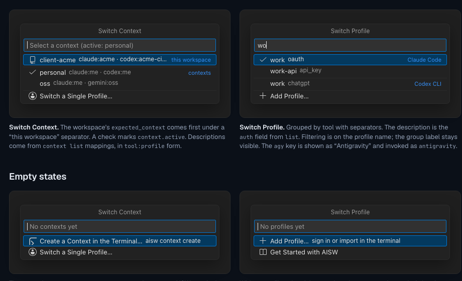 AI Switcher context and profile switching in the Dark Modern theme