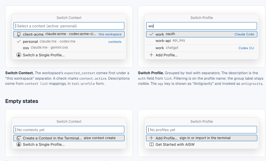 AI Switcher context and profile switching in the Light Modern theme
