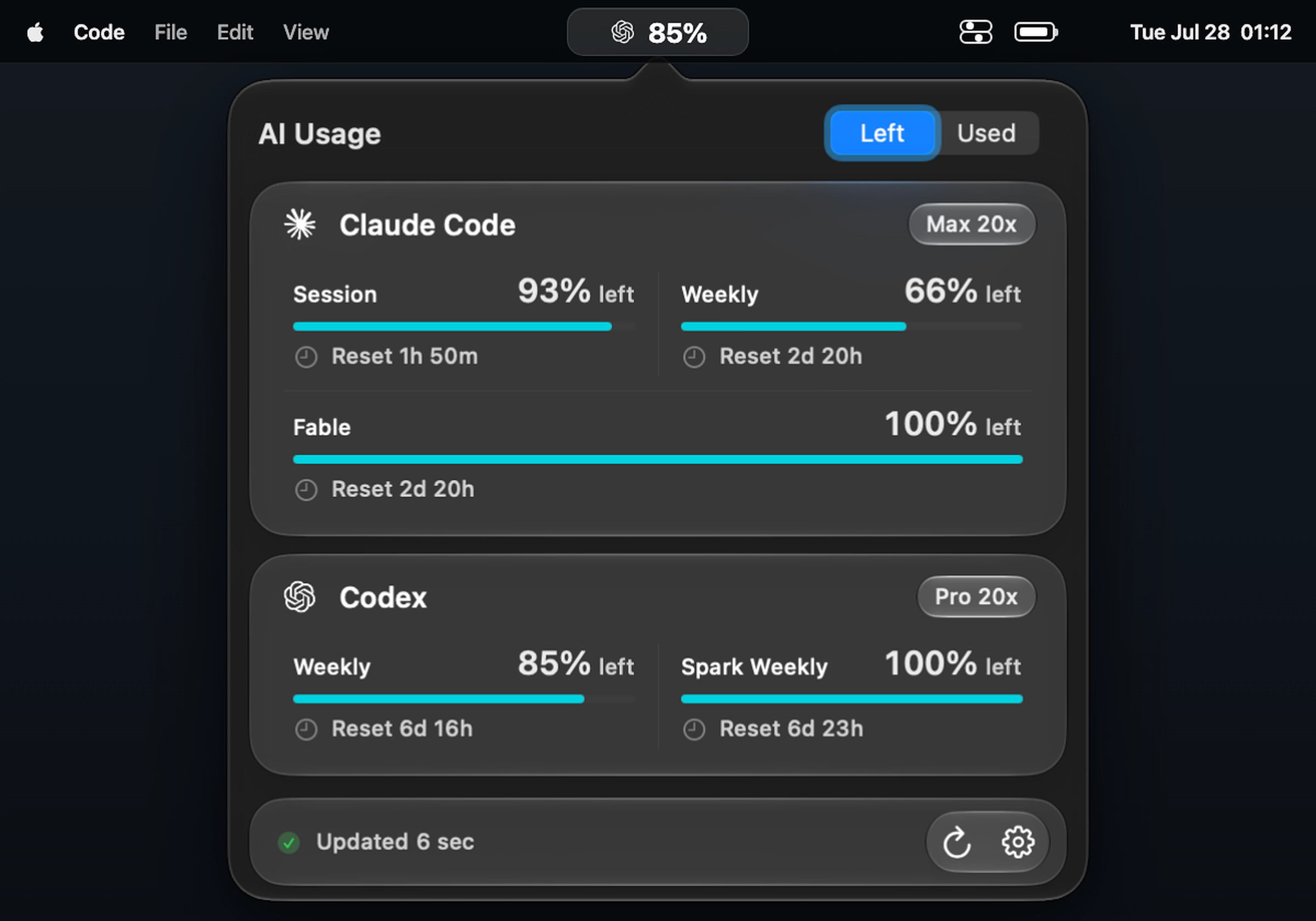 AI Usage open from the macOS menu bar in dark mode, showing Claude Code and Codex quota windows
