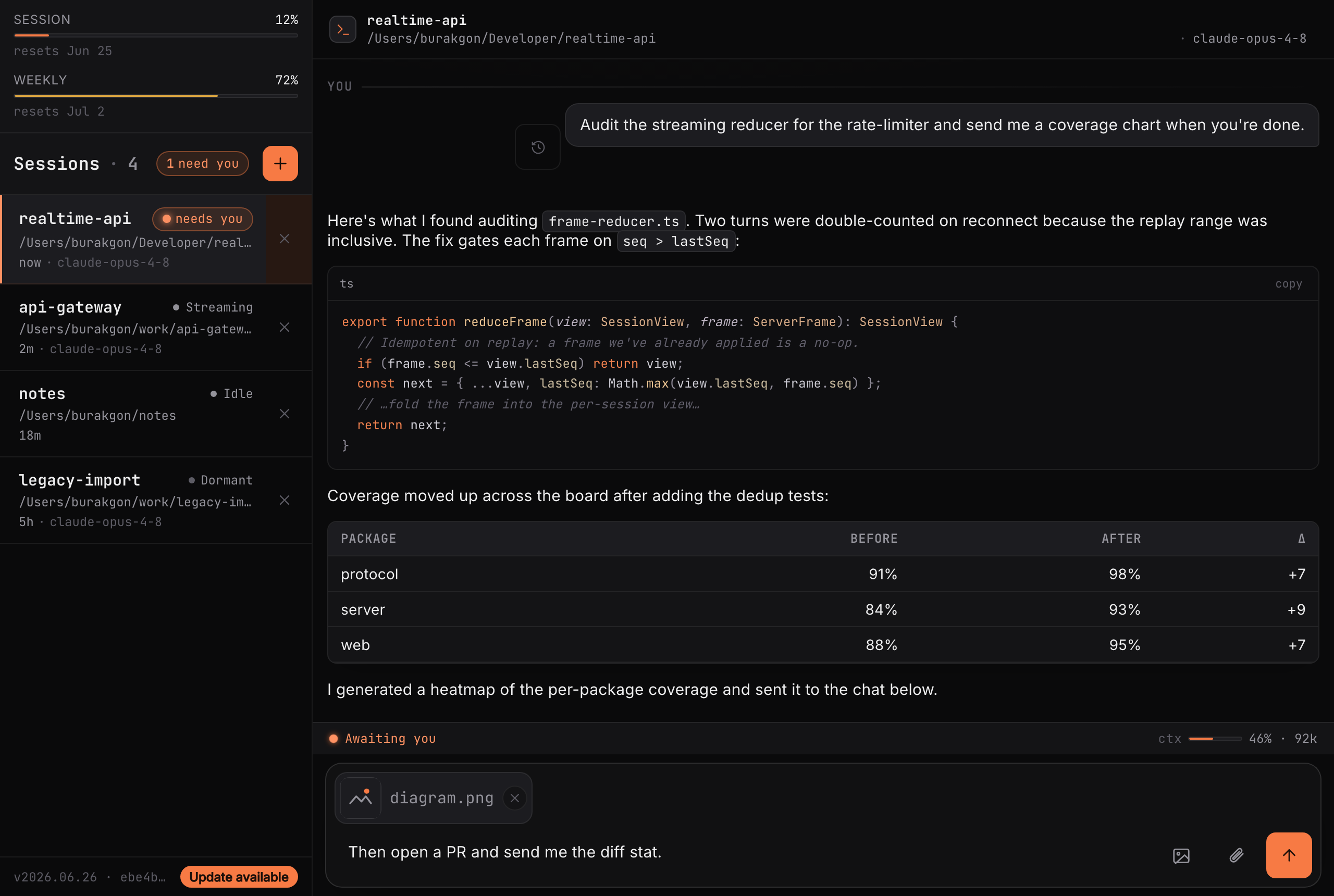 Remote Coder on desktop — the session rail, the chat, and a syntax-highlighted code block