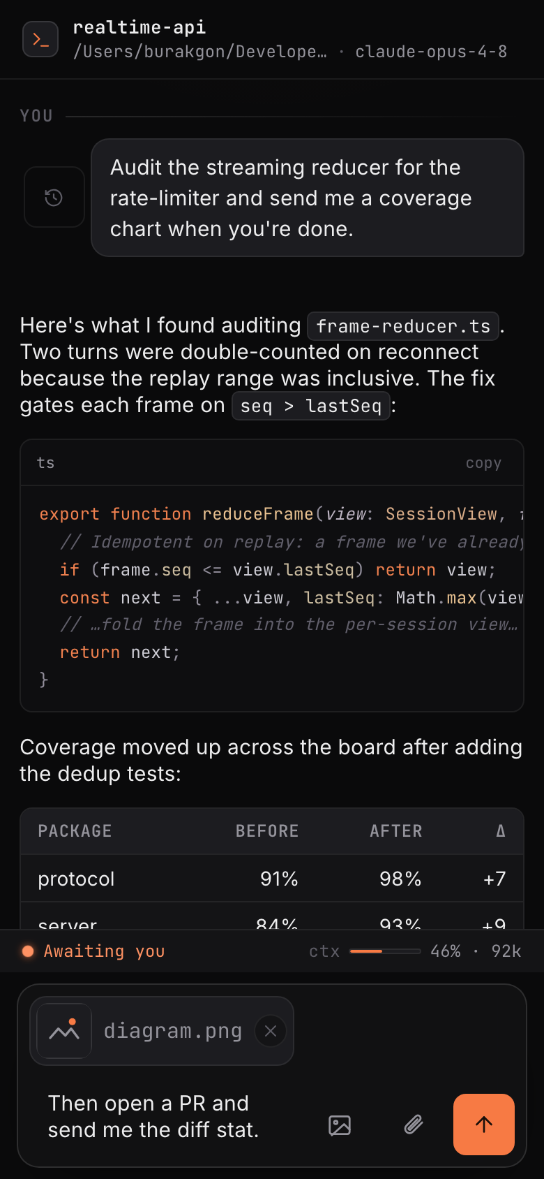 Remote Coder chat on a phone — streaming markdown, a syntax-highlighted code block and a coverage table