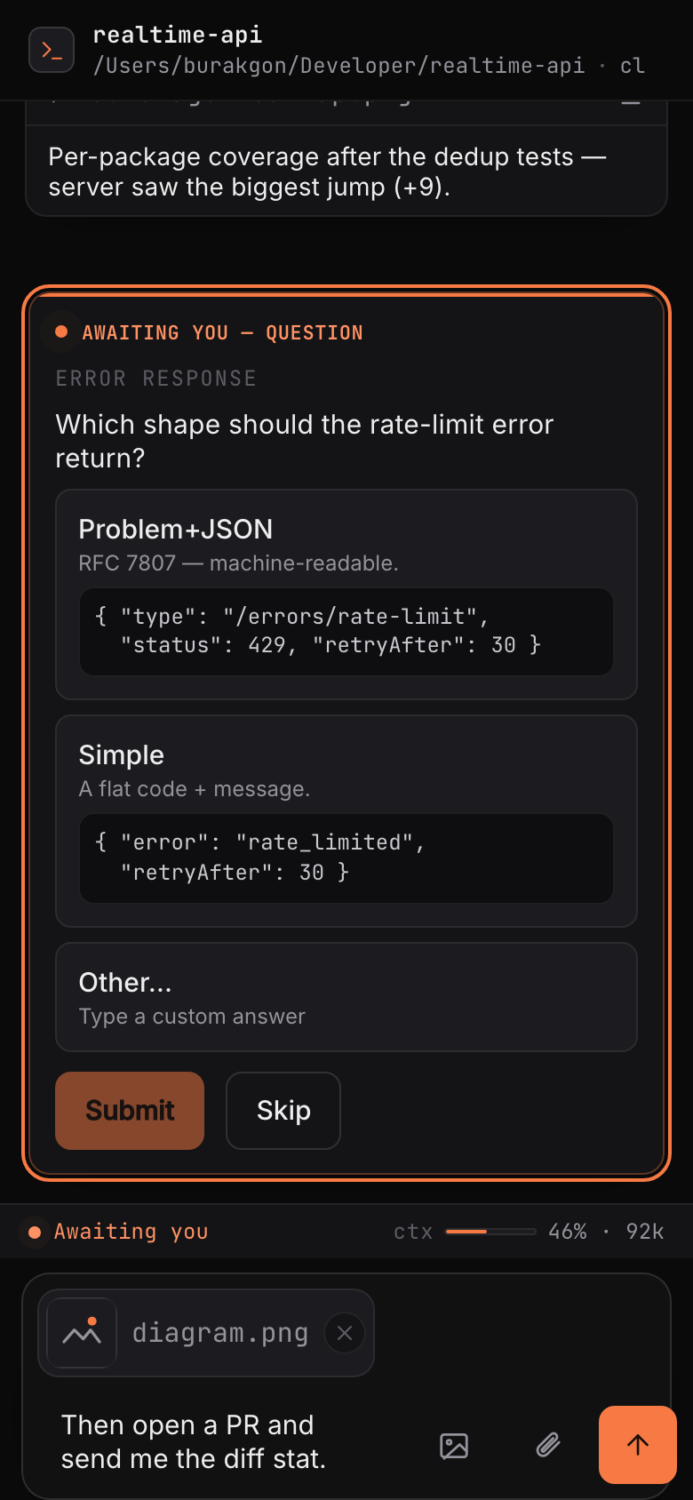 Answering one of Claude's multiple-choice questions from the phone, with code previews per option