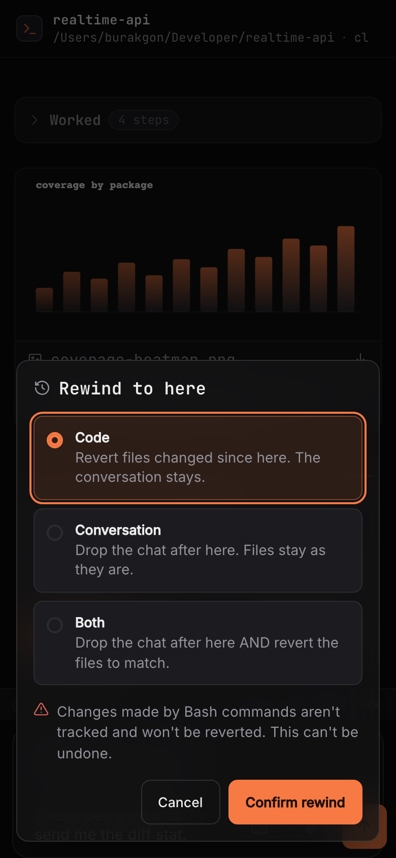 The rewind sheet — restore code, rewind the conversation, or both