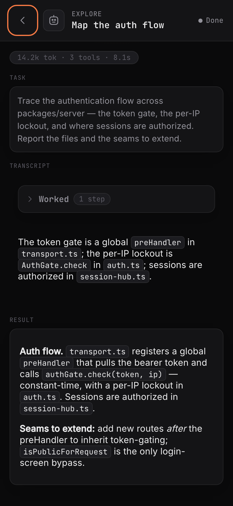 The subagent drill-in — its task, its transcript, and its result with token and time usage