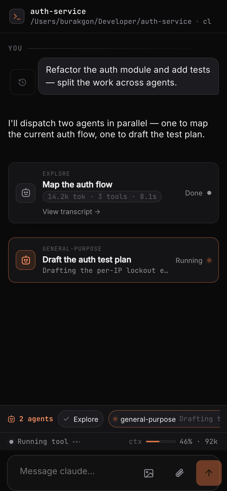 Subagent mission cards in the chat and the agents tray above the composer — each with type, status, and live activity