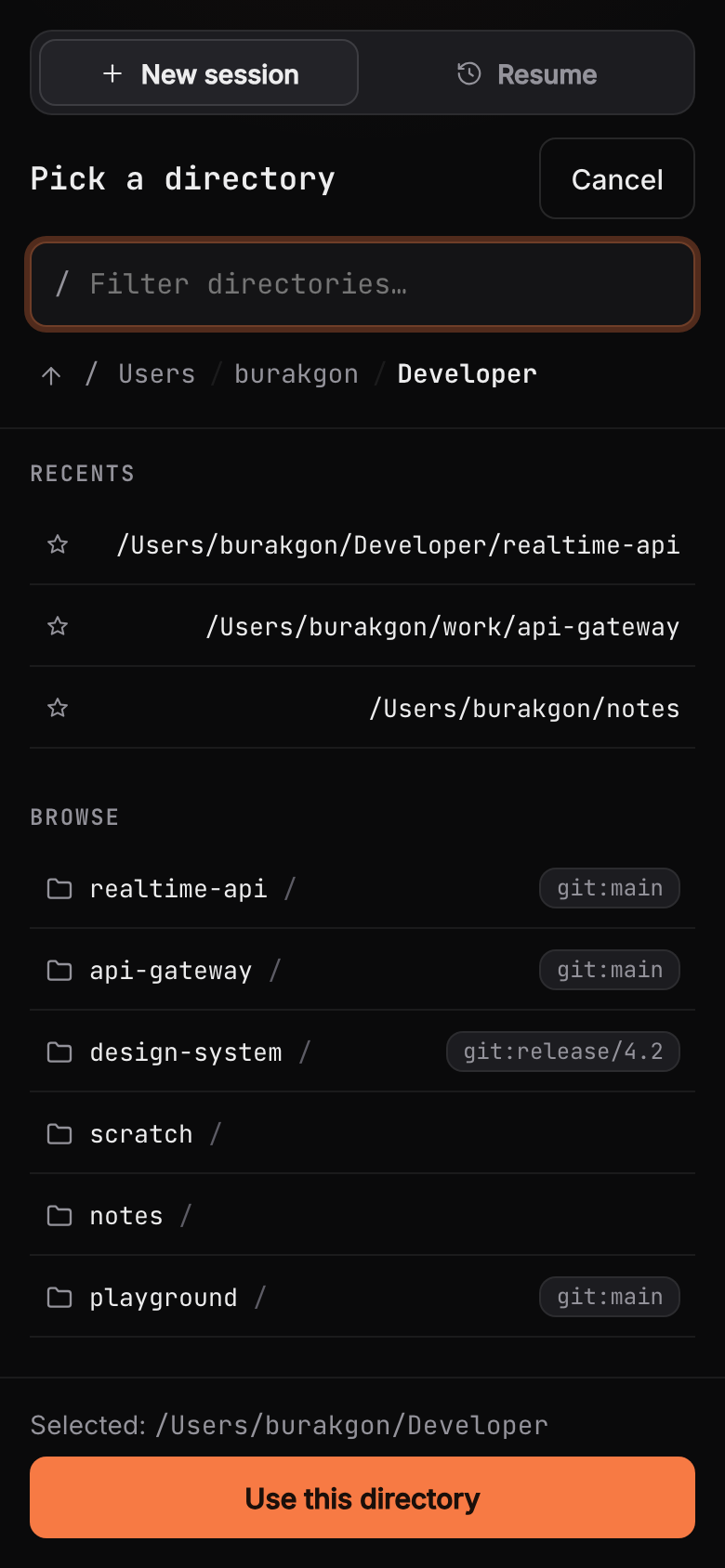 The git-aware directory picker for starting a new session