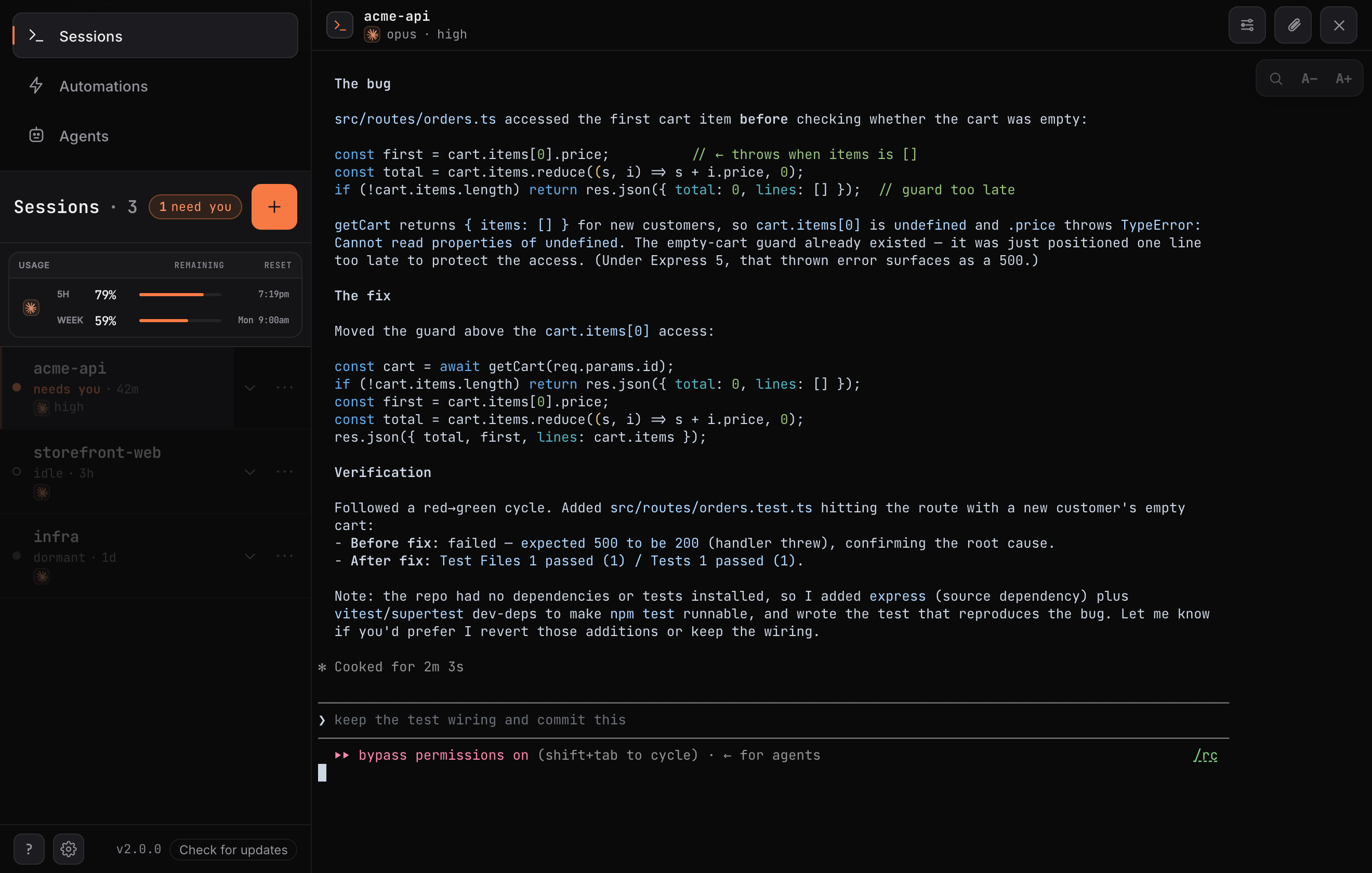 RoamCode on desktop — the sessions rail beside a live claude terminal session